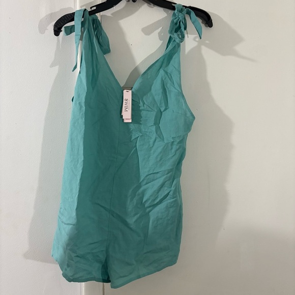 Victoria Secret Swim Linen Blend Romper Cover Up Aqua NEW Small Nautical Preppy - Picture 2 of 6